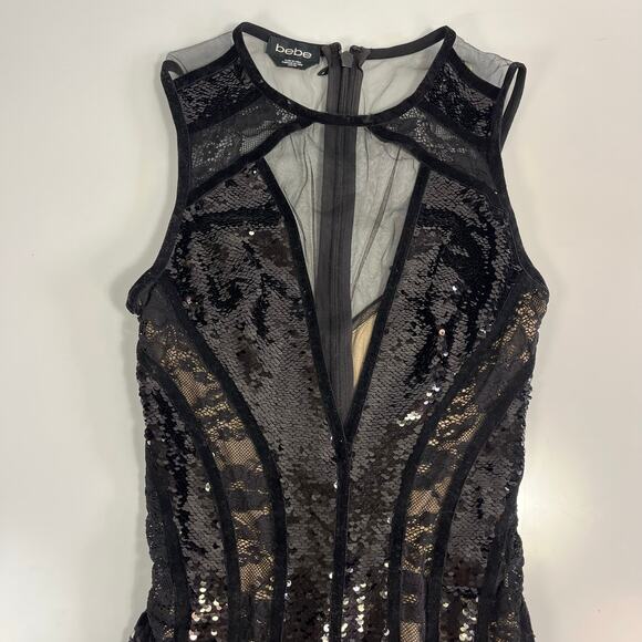 NWT Bebe XXS Bodycon Mini Dress Black Velvet Mesh Nude Sequin Lace Sleeveless - Picture 8 of 15